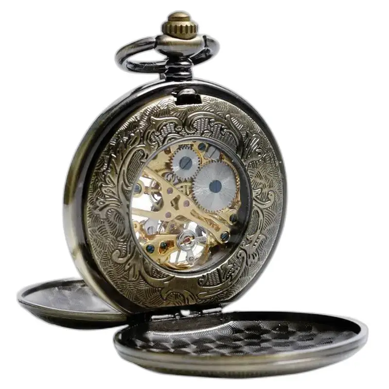 Lyxigt vintage mekaniskt fickur med exponerade bronsväxlar