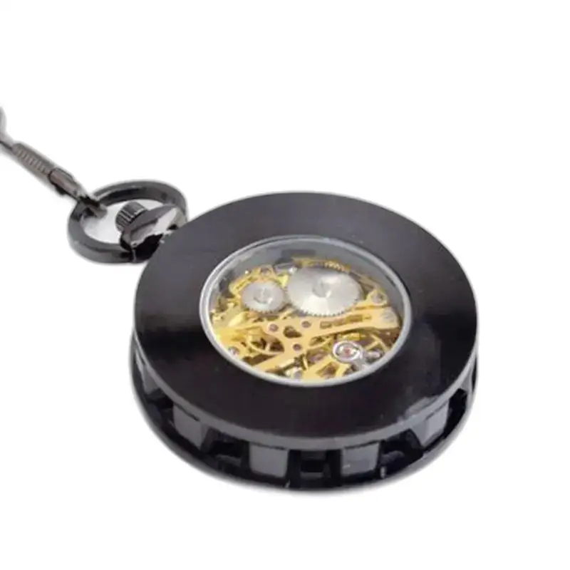 Lyxig silver mekanisk fickur med elegant svart metalldesign