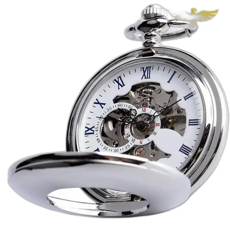 Lyx Skeleton Mechanical Pocket Watch i silver med synlig mekanism