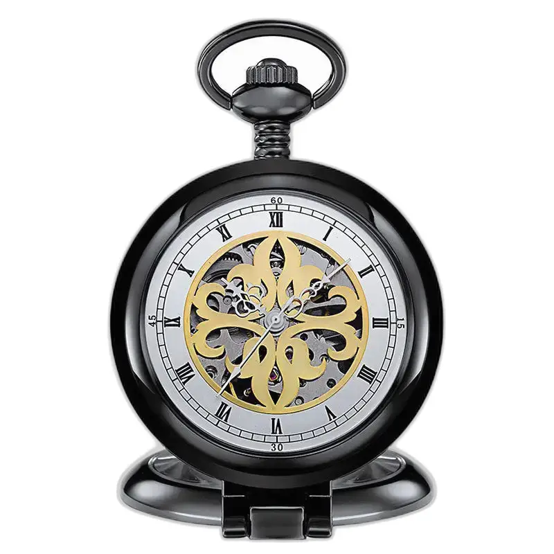 Antik Skeleton Luxury Pocket Watch med svart och guldfinish