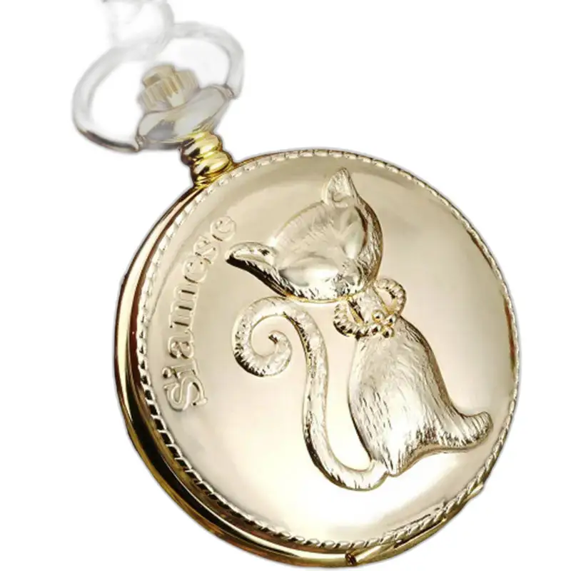 Fancy Gold Chinese Cat Necklace Watch, katthalsbandsklocka med elegant kattdesign