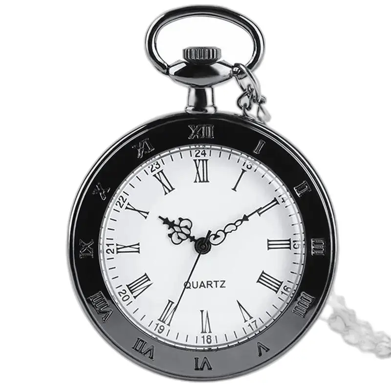 Klassisk vintage svart halsbandsklocka för kvinnor män med elegant silverfickur