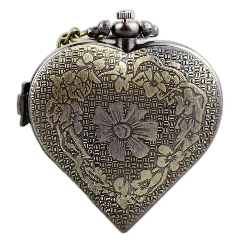 Vintage Silver Bronze Heart Halsbandsklocka med en blommig hjärtklocka design