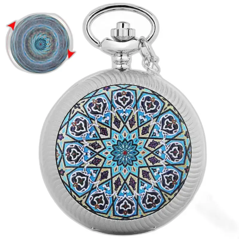 Chic Mandala Flower Necklace Watch Blå med Geometric Design Halsband Watch i Silver
