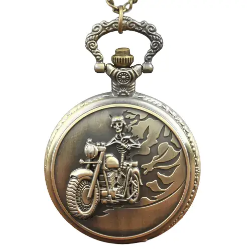 Harley Davidson halsbandsklocka i brons med skeleton biker design, analog display