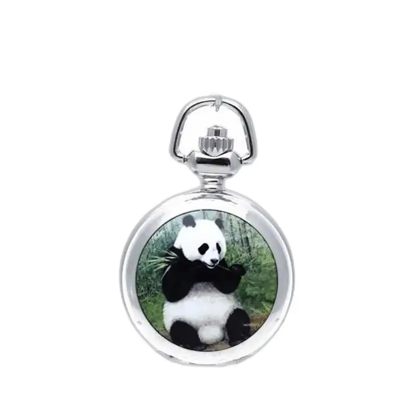 Vintage Style Panda Halsband Watch Silver med pandatema design på halsband klocka