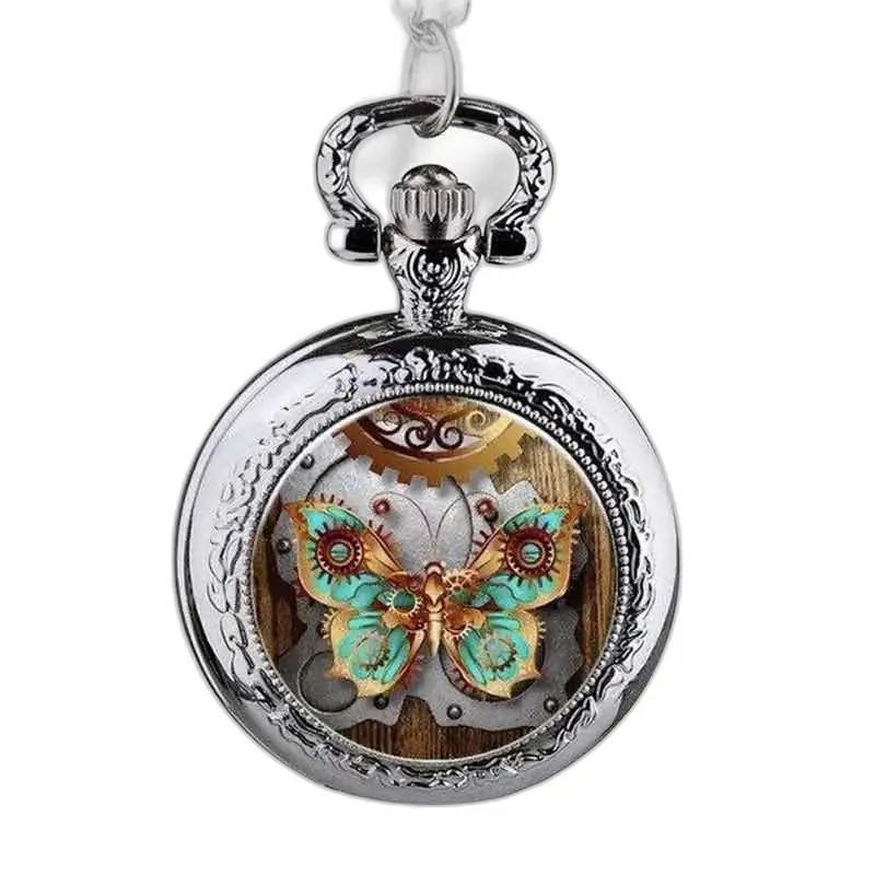 Butterfly Halsband Watch Amber och Turkos steampunk design med fjäril