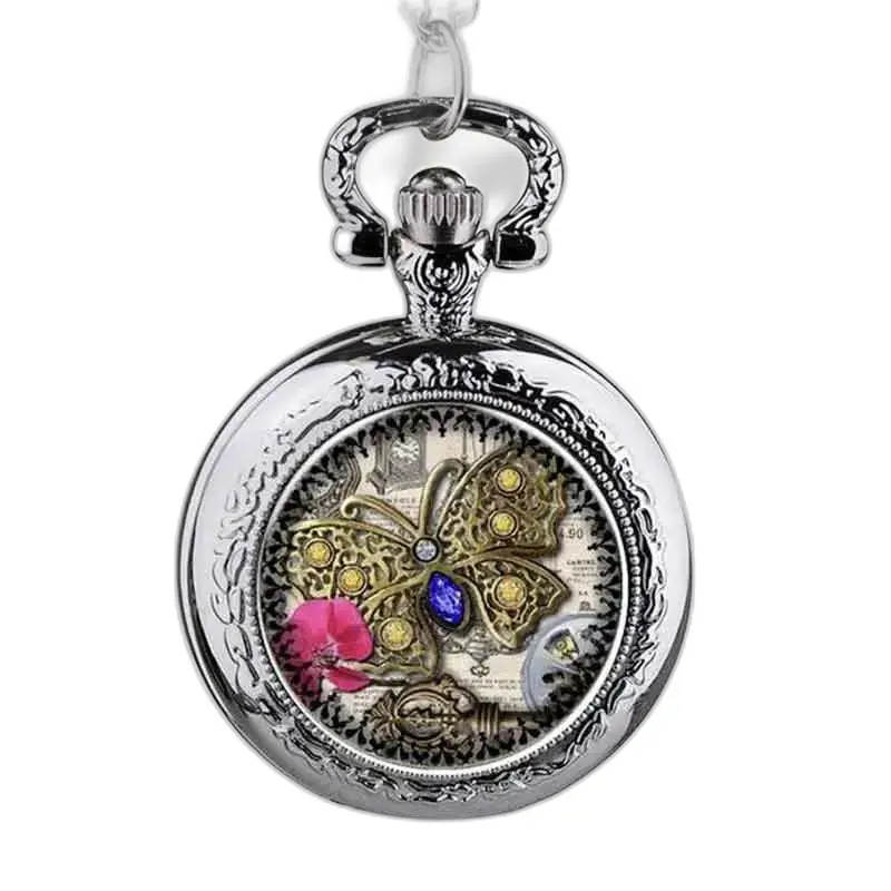 Butterfly halsband klocka med ädelstenar, silver hänge klocka