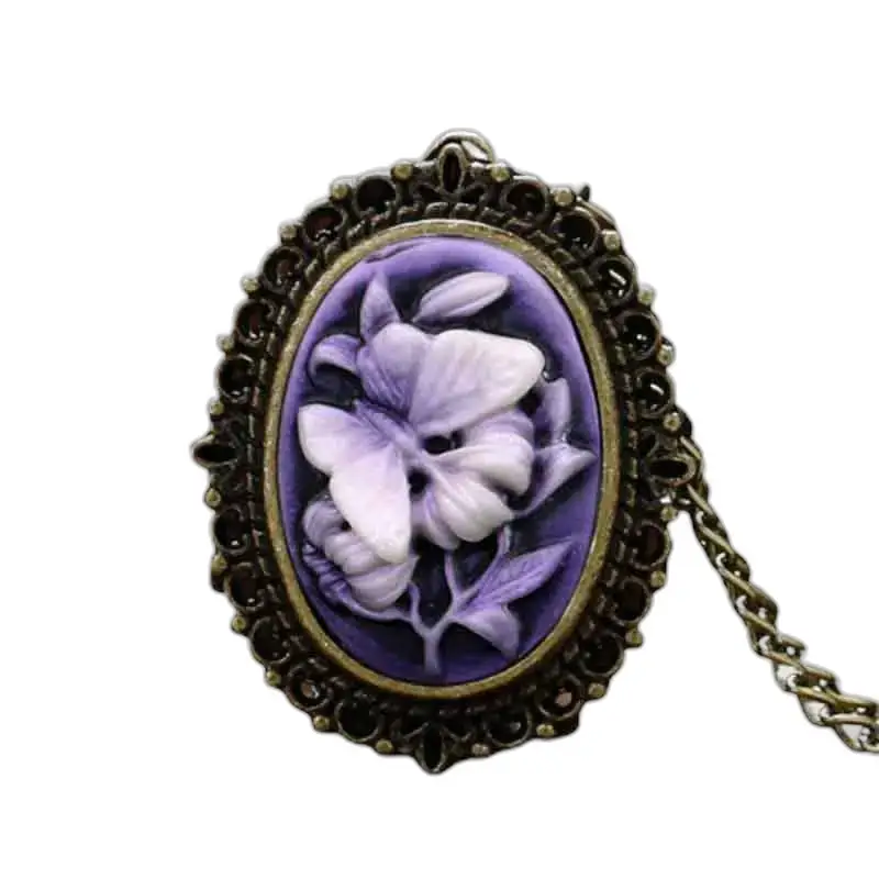 Oval Cameo hänge på Elegant Orchid Butterfly Halsband Watch för kvinnor