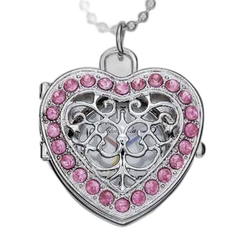 Hjärta medaljong med rosa diamanter, elegant hängande halsbandsklocka