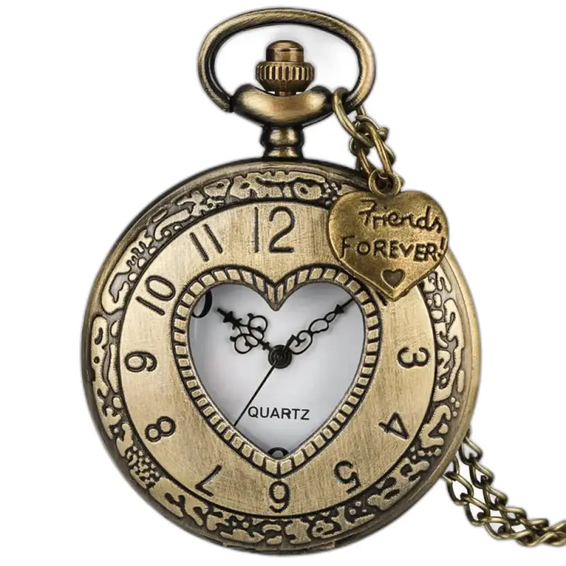 Retro Bronze Heart Quartz Halsbandsklocka med hjärtformad pendel
