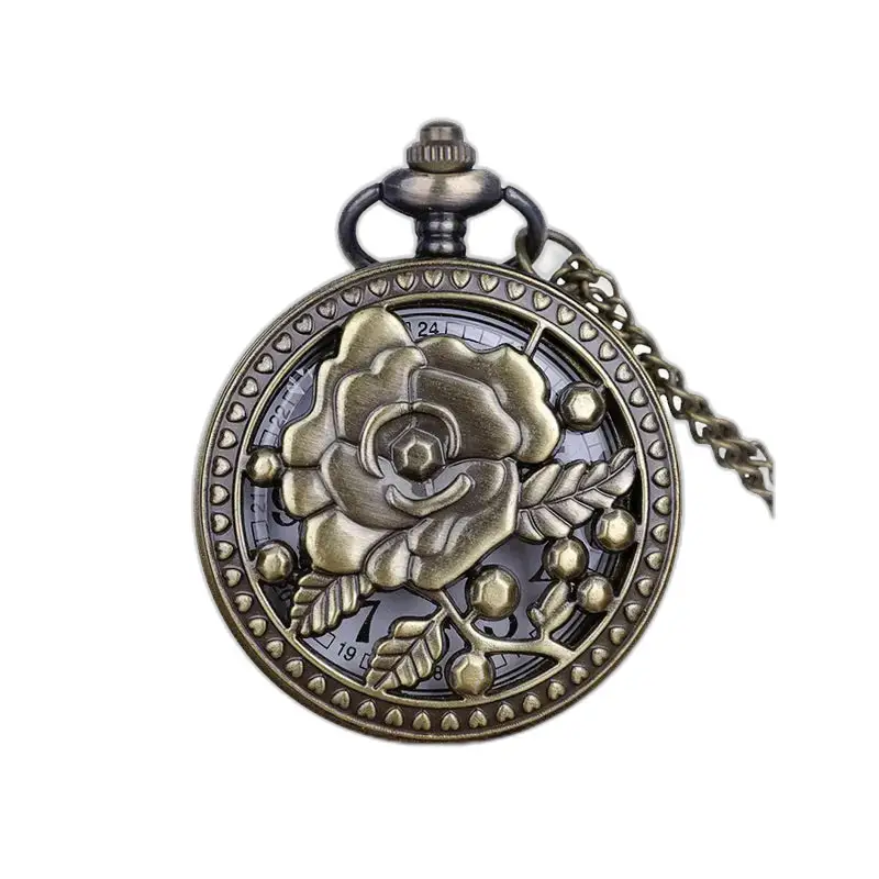 Vintage Rose Flower Bronze Halsbandsklocka med en delikat rosformad urtavla