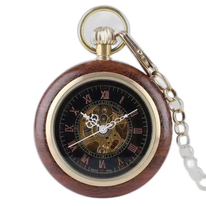 Bubinga Wood Pocket Watch med kvartsrörelser och synliga växlar