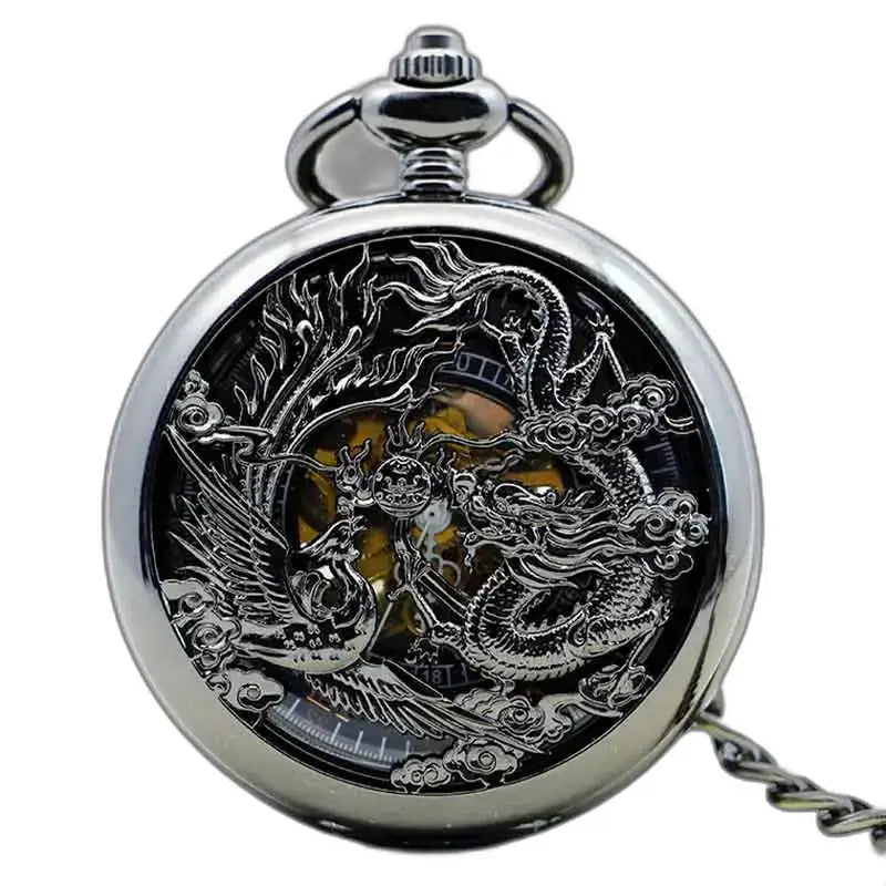 Steampunk Erbium Luxe Gusset Fickur med drake och phoenix design i silver