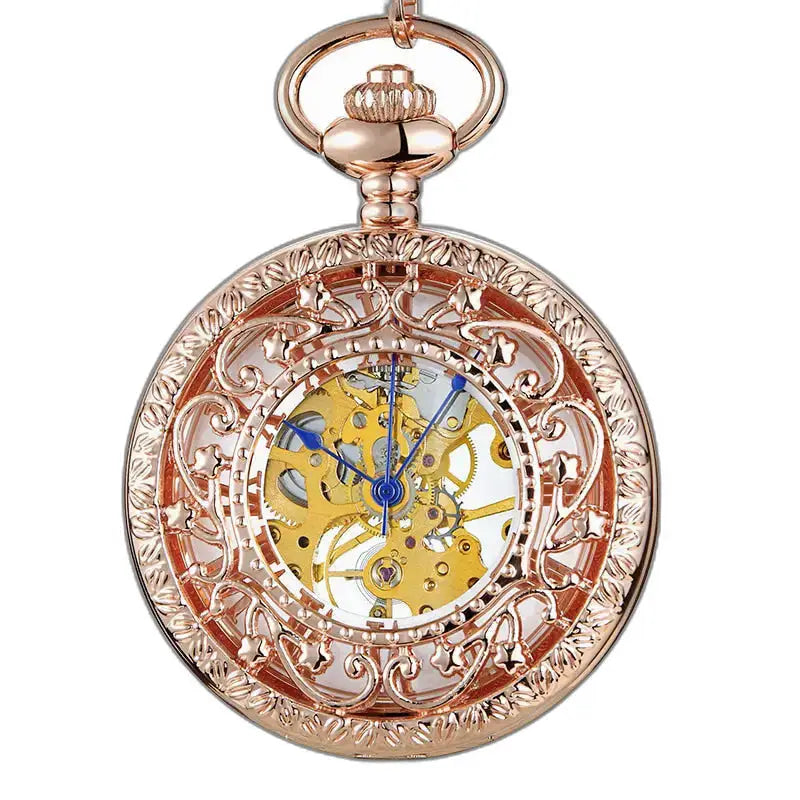 Steampunk lyxig handgjord mekanisk fickur med roséguldklocka