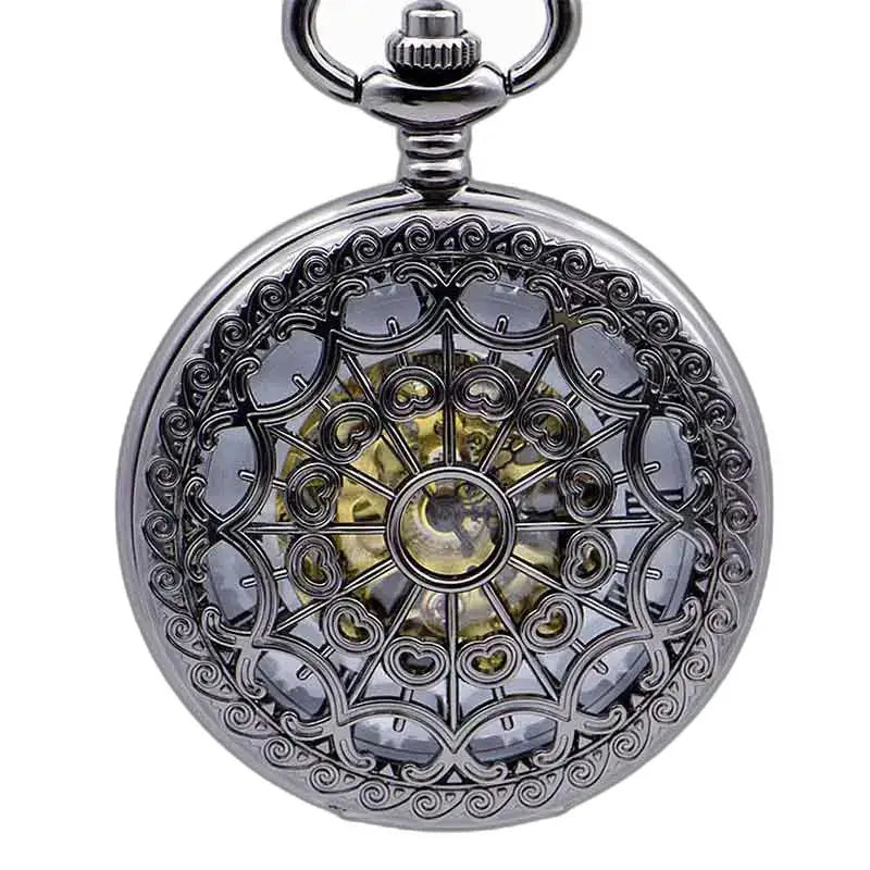 Steampunk nickelsilver fickur med synlig mekanism i utsmyckat silver