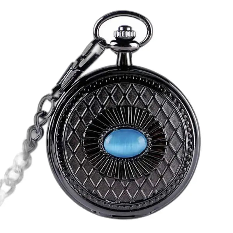 Mekanisk steampunk fickur med blå safir och elegant svart boett