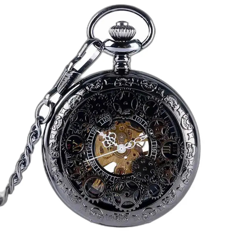 Steampunk fickur med synlig mekanism och elegant svart kedja