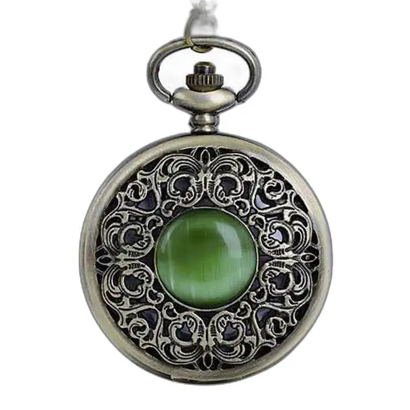 Bronshängande klocka med grön sten med kvartsurverk, elegant utsmyckad design