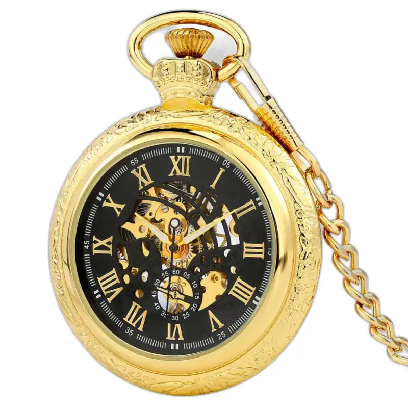Montre à gousset mécanique en or avec chaîne et cadran romain noir doré