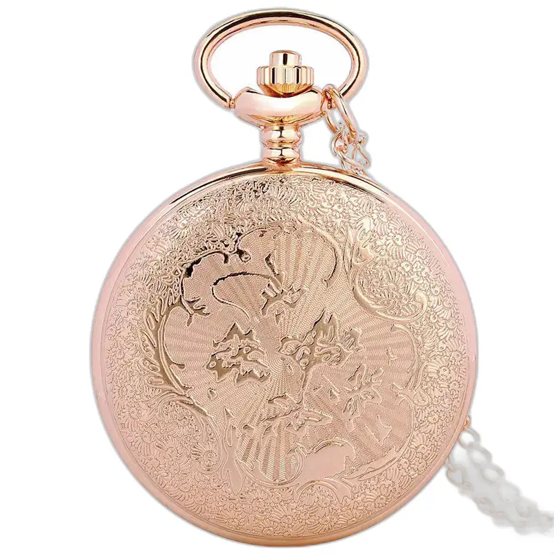 Montre à gousset Quartz Luxe en or rose avec design gravé et pierres émeraude