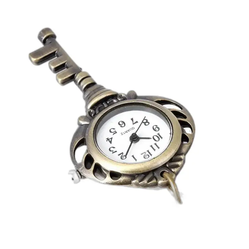 Montre collier pendante en acier inoxydable avec pendentif en forme de clé en bronze
