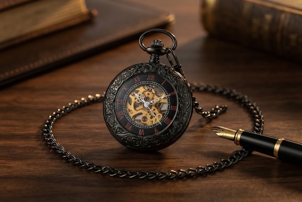 Montre à Gousset Mécanique Demi-chasseur Homme - Noir profond, chiffres rouges