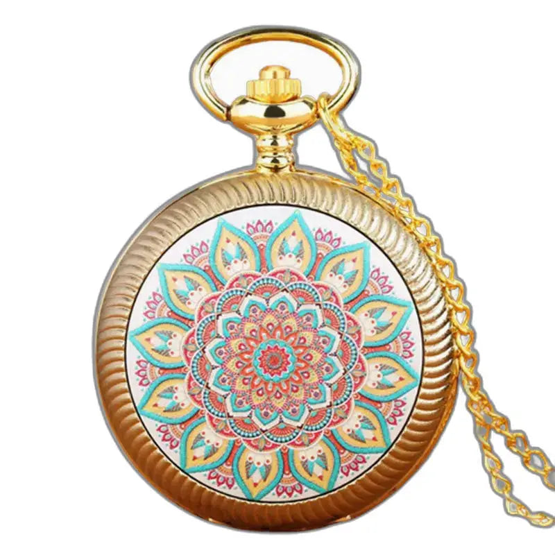 Montre Vintage Fleur Bleue en Or avec design de mandala coloré et mécanisme à quartz